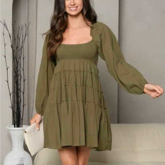 LONG SLEEVE SMOCK TIERED MINI DRESS - Picture 3 of 5